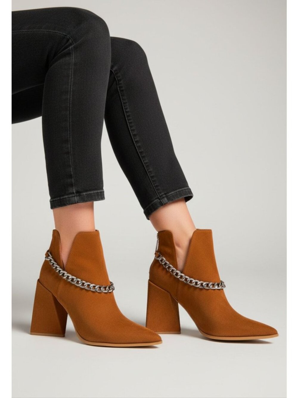 Tan Faux Suede Pointed Toe Ankle Boots With Chain Accent & Zipper Closure